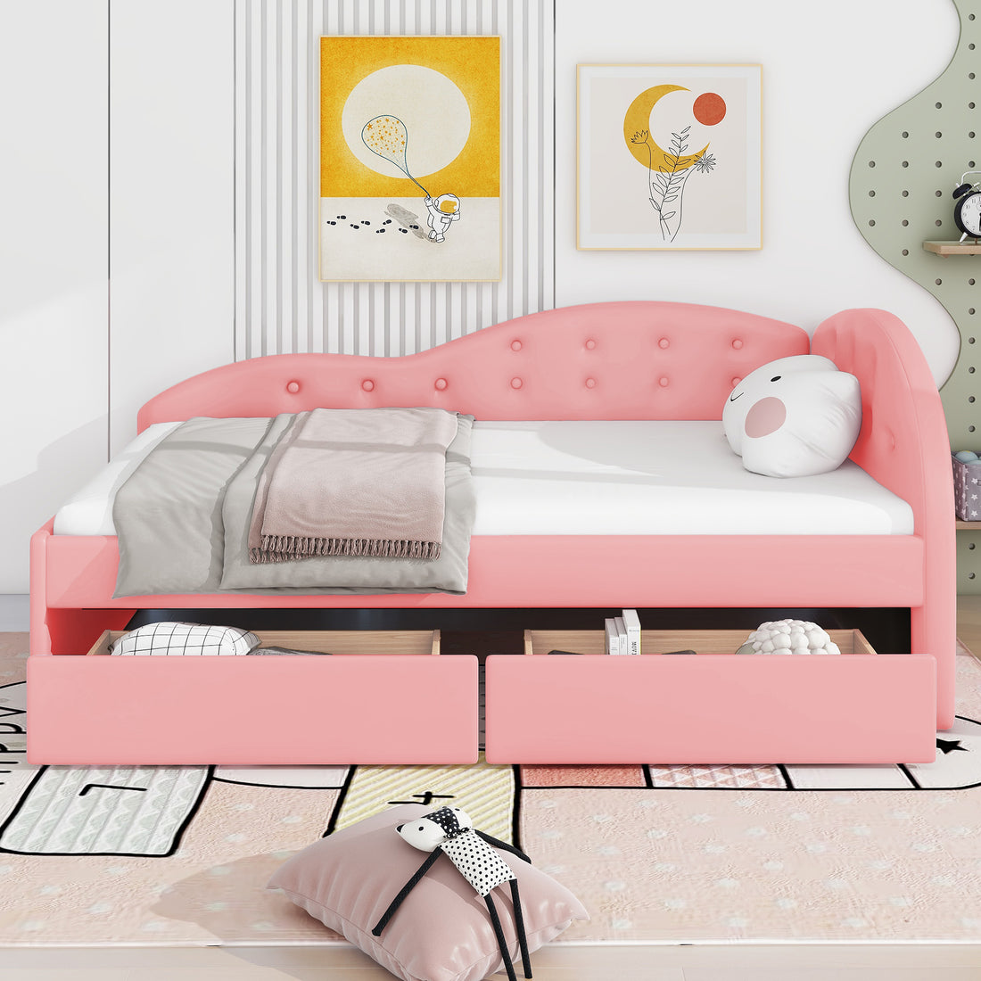 Twin Size Pu Upholstered Tufted Daybed With Two Drawers And Cloud Shaped Guardrail, Pink Box Spring Not Required Twin Pink Wood Daybeds Faux Leather Upholstered