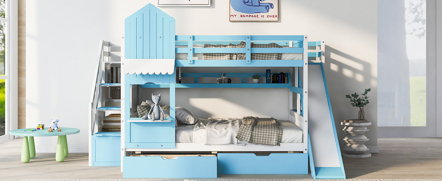 Full Over Full Castle Style Bunk Bed With 2 Drawers 3 Shelves And Slide Blue Blue Solid Wood