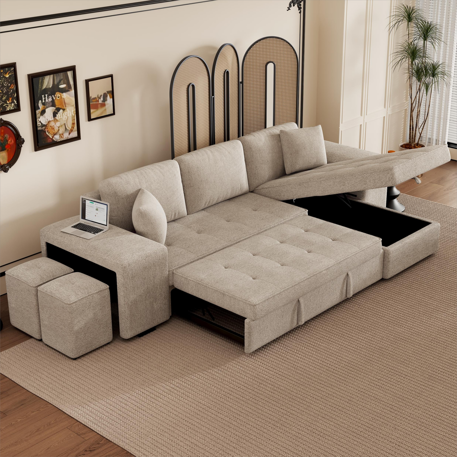 104.5" Modern L Shape 3 Seat Reversible Sectional Couch, Pull Out Sleeper Sofa With Storage Chaise And 2 Stools For Living Room Furniture Set, Cream Cream Foam Chenille 3 Seat