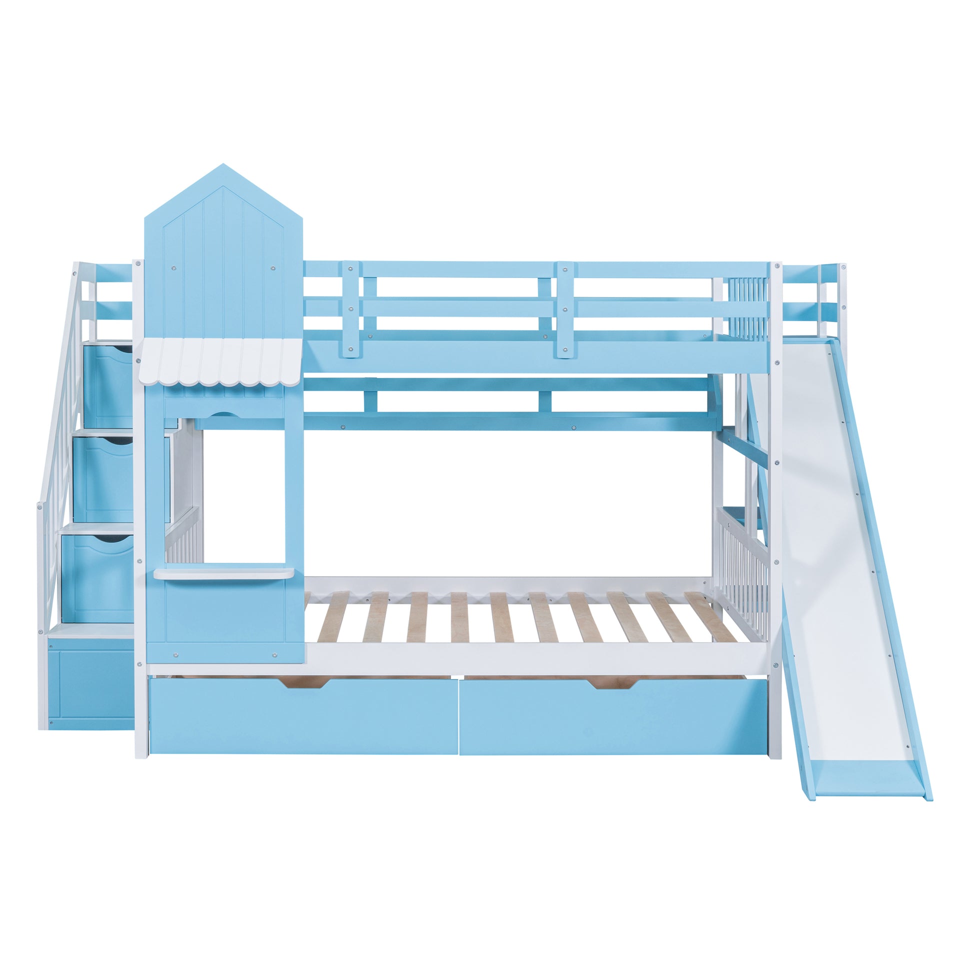 Full Over Full Castle Style Bunk Bed With 2 Drawers 3 Shelves And Slide Blue Blue Solid Wood