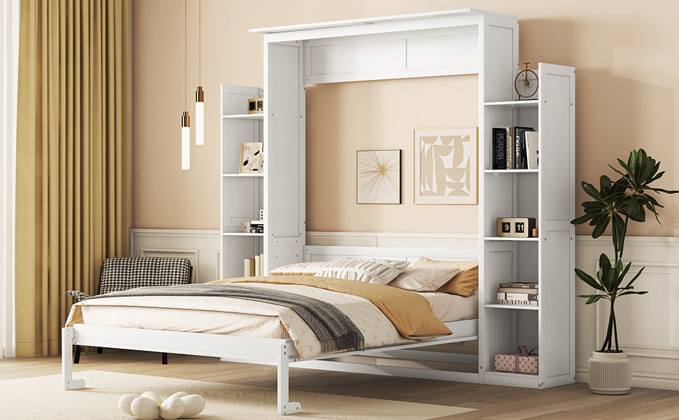 Queen Size Murphy Bed Wall Bed With Shelves And Led Lights,White White Solid Wood Mdf