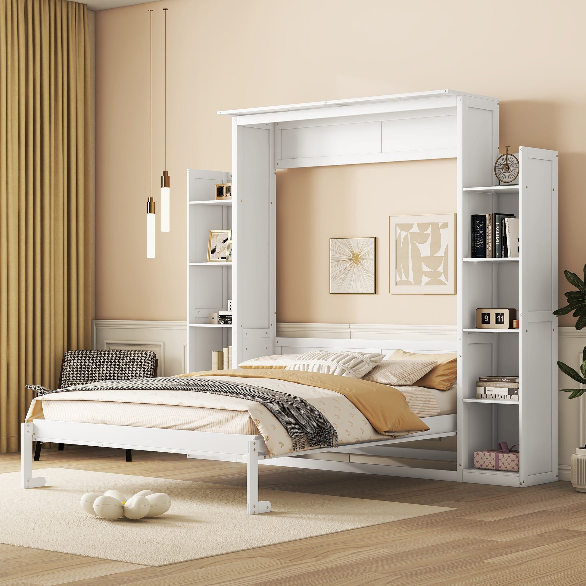 Queen Size Murphy Bed Wall Bed With Shelves And Led Lights,White White Solid Wood Mdf