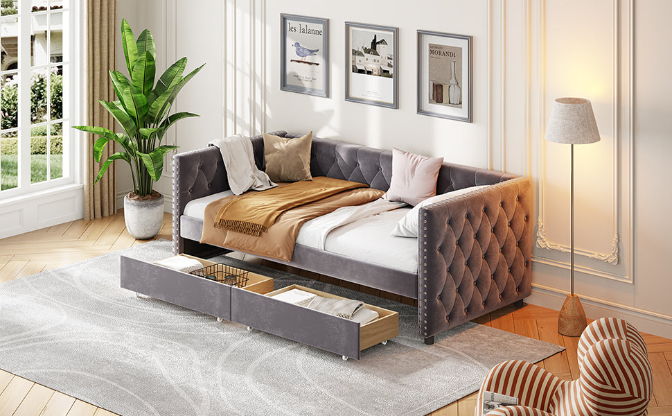 Sofa Bed With Drawers, Modern Velvet Upholstered Sofa Bed With Button Tufted Sofa Bed Frame With Double Drawers, Bedroom Living Room Furniture, Grey 83.47''X42.91''X30.71''' Box Spring Required Twin Gray Wood Bedroom American Traditional Eucalyptus Bed