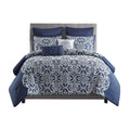 7 Piece Flocking Comforter Set With Euro Shams And Throw Pillows Navy Polyester