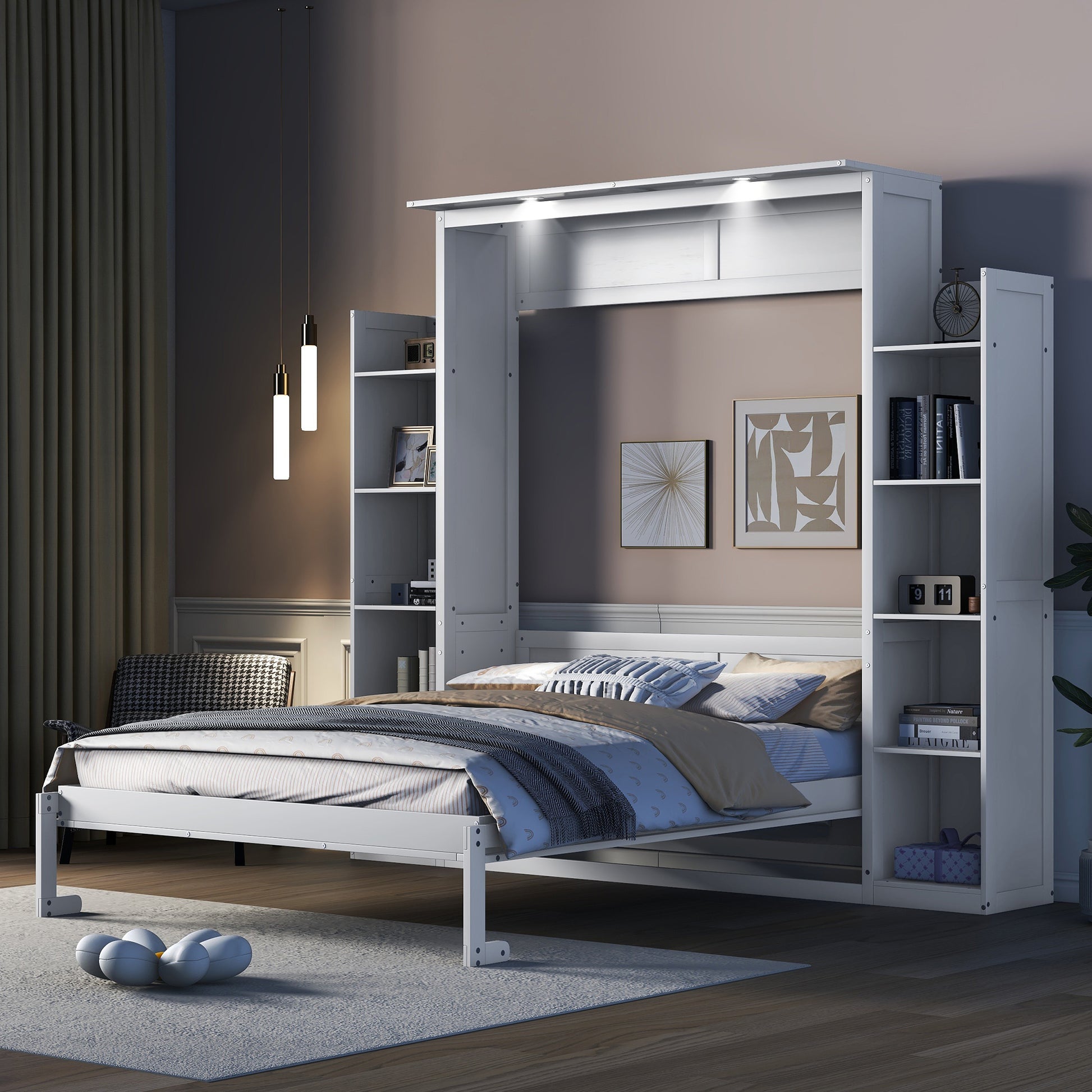 Queen Size Murphy Bed Wall Bed With Shelves And Led Lights,White White Solid Wood Mdf