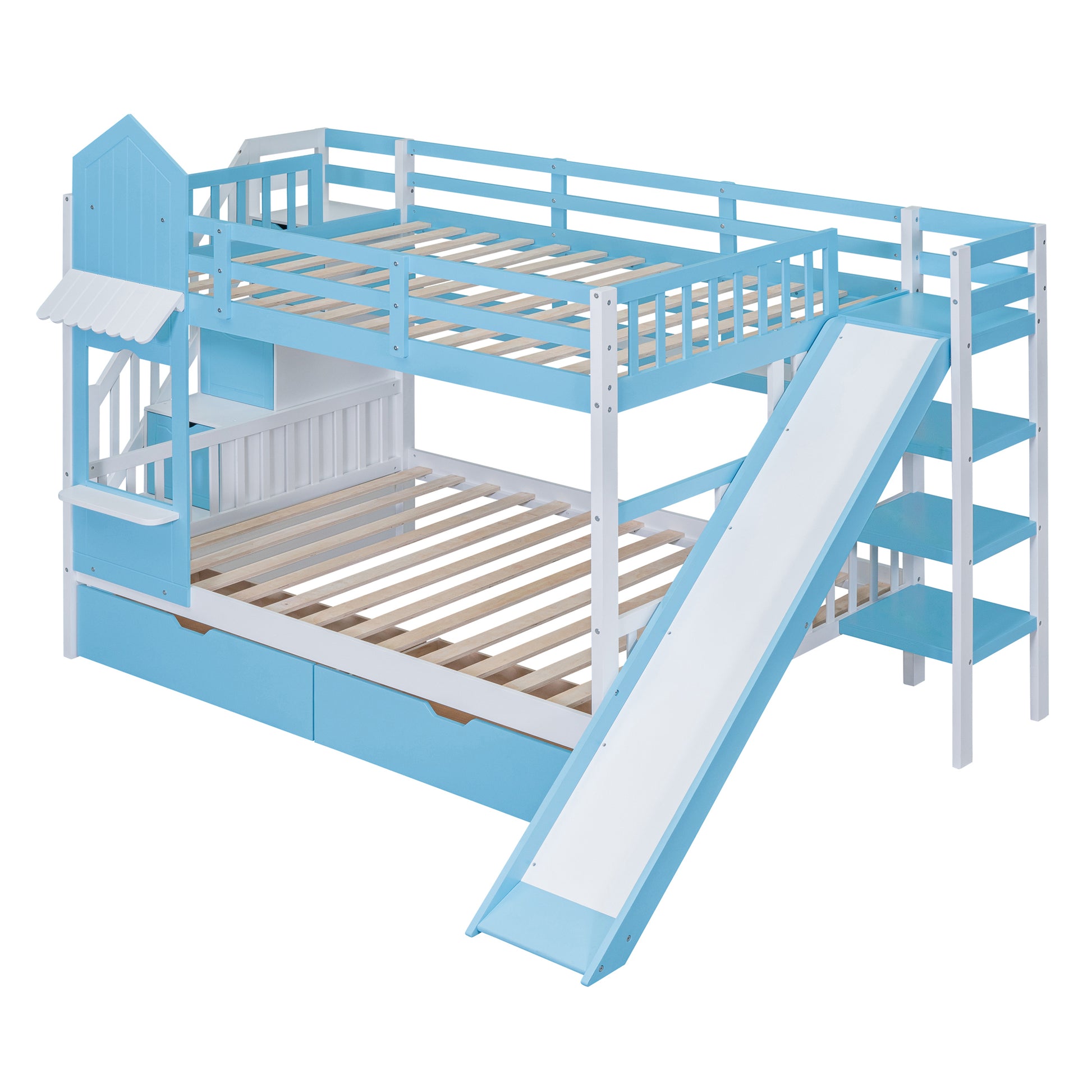 Full Over Full Castle Style Bunk Bed With 2 Drawers 3 Shelves And Slide Blue Blue Solid Wood