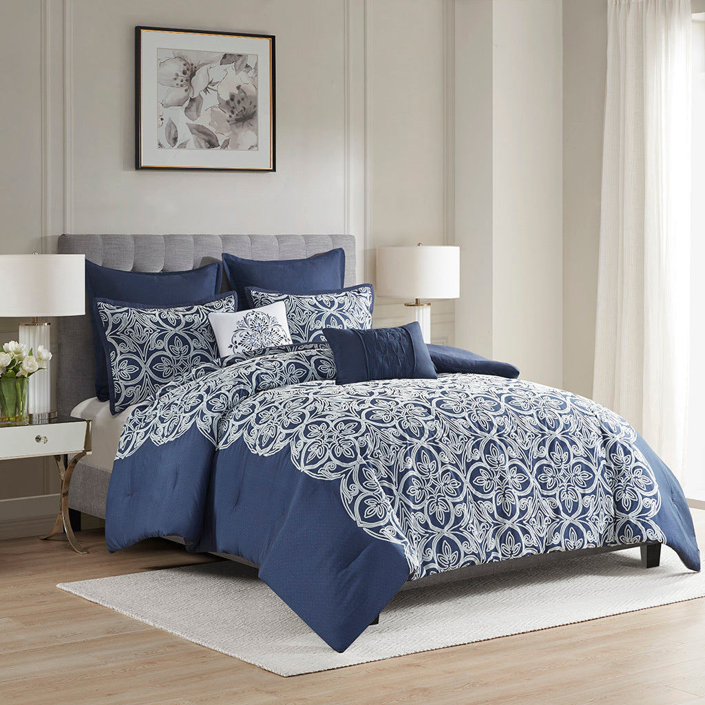 7 Piece Flocking Comforter Set With Euro Shams And Throw Pillows Navy Polyester