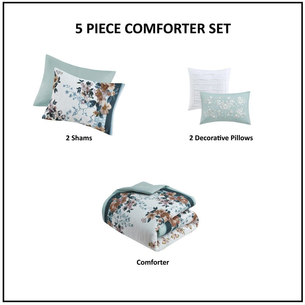 5 Piece Cotton Floral Comforter Set With Throw Pillows Teal Cotton