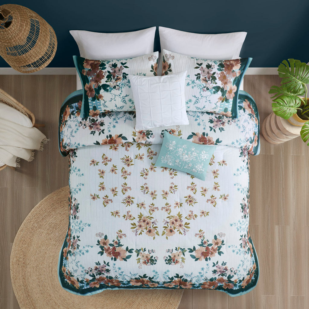 5 Piece Cotton Floral Comforter Set With Throw Pillows Teal Cotton