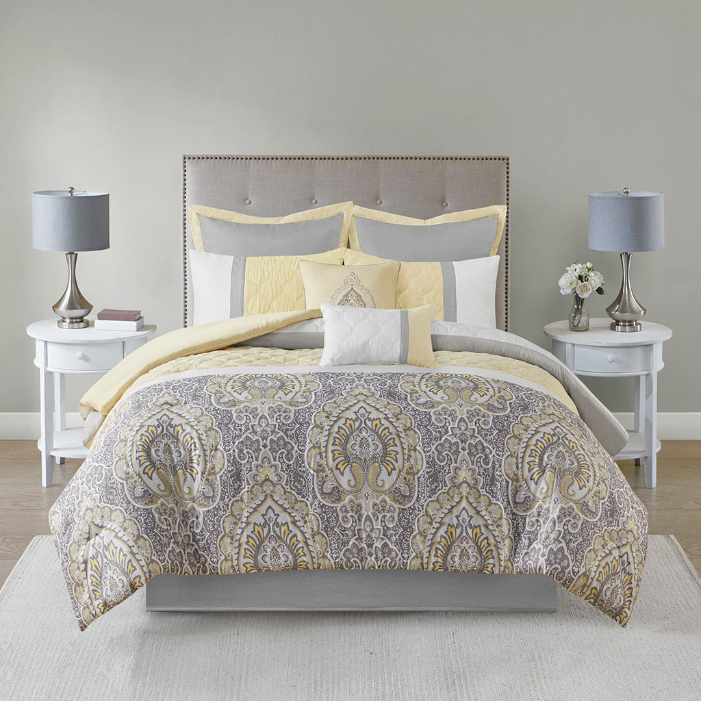 8 Piece Comforter Set Yellow Polyester