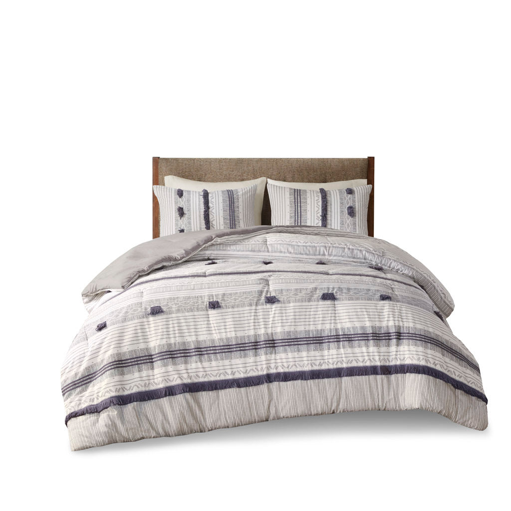 3 Piece Cotton Comforter Set Gray Navy Cotton