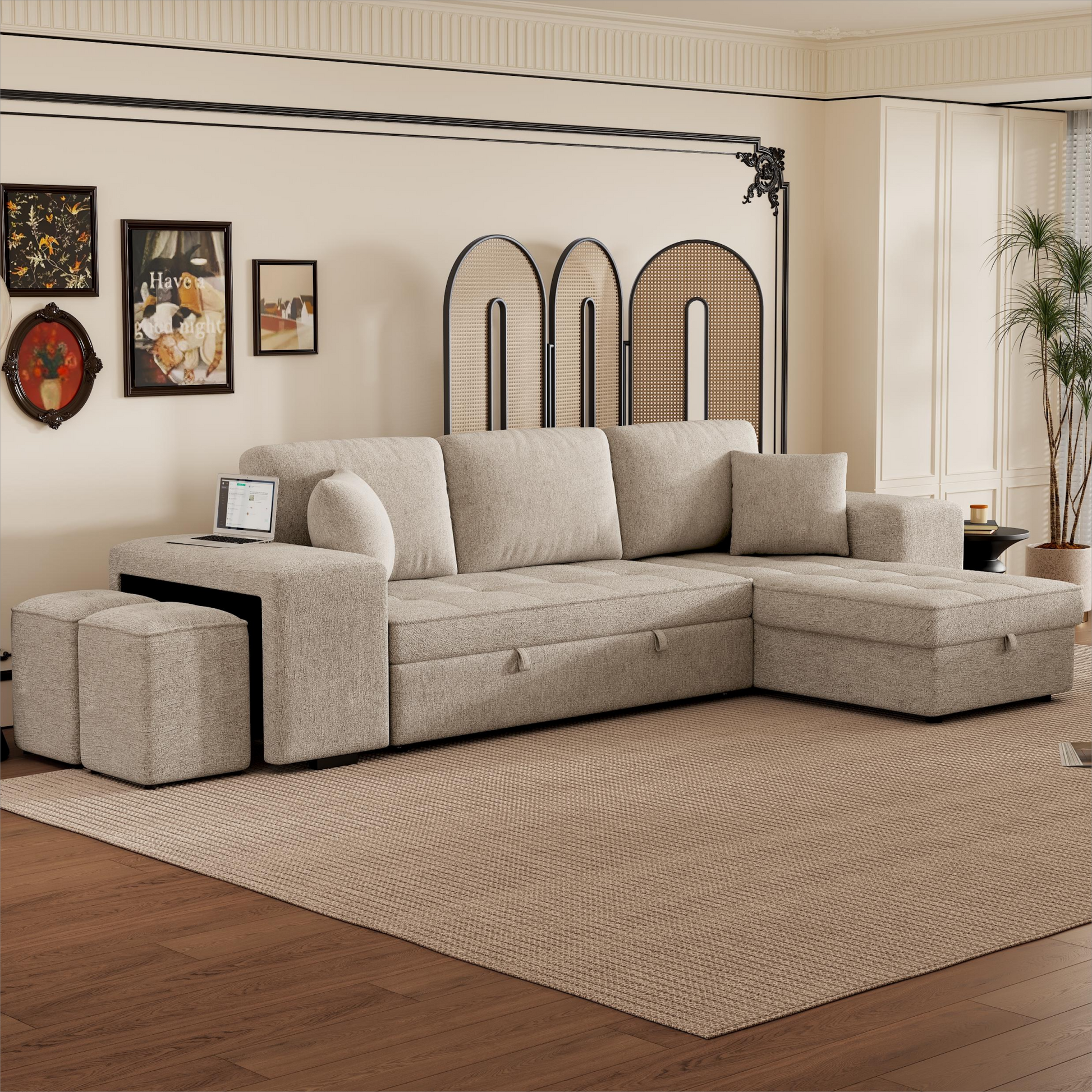 104.5" Modern L Shape 3 Seat Reversible Sectional Couch, Pull Out Sleeper Sofa With Storage Chaise And 2 Stools For Living Room Furniture Set, Cream Cream Foam Chenille 3 Seat