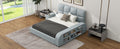 Queen Size Upholstered Platform Bed With Multimedia Nightstand And Storage Shelves, Gray Box Spring Not Required Queen Gray Wood Bedroom Bed Frame Faux Leather Upholstered