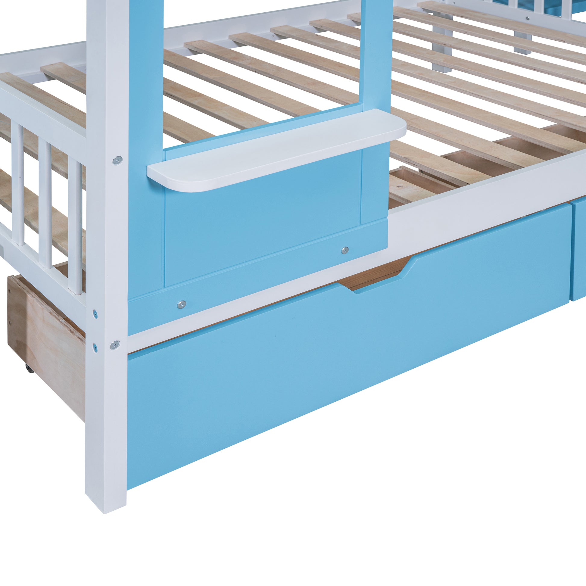 Full Over Full Castle Style Bunk Bed With 2 Drawers 3 Shelves And Slide Blue Blue Solid Wood