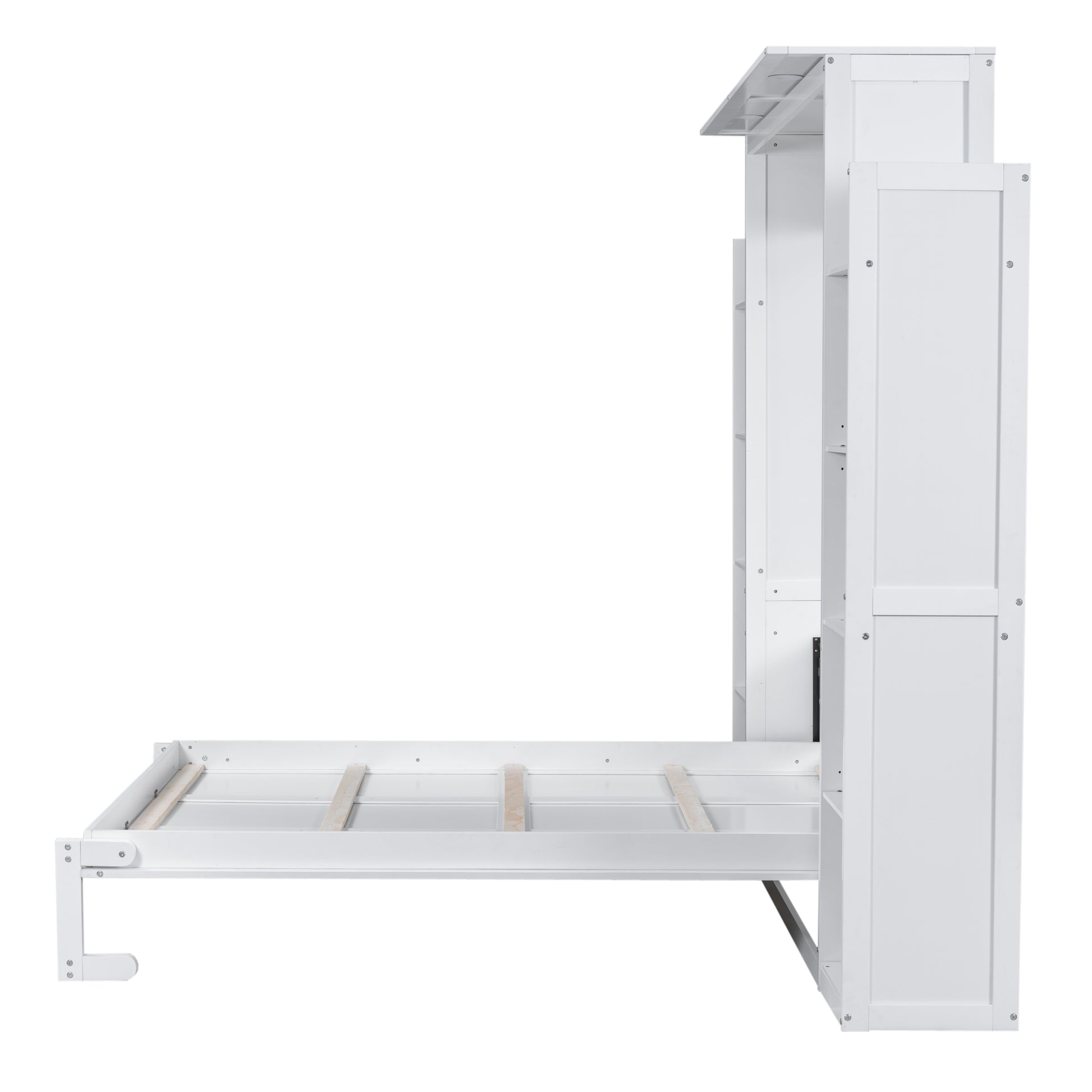 Queen Size Murphy Bed Wall Bed With Shelves And Led Lights,White White Solid Wood Mdf