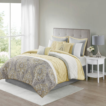 8 Piece Comforter Set Yellow Polyester