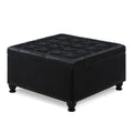 Large Square Storage Ottoman With Wooden Legs, Upholstered Button Tufted Coffee Table With Nail Trims For Living Space, Black Espresso Wood Primary Living Space Black Solid Rubberwood Wood With Storage Black Pu Faux Leather Faux Leather Backless Medium