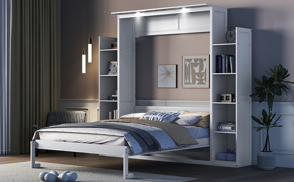 Queen Size Murphy Bed Wall Bed With Shelves And Led Lights,White White Solid Wood Mdf