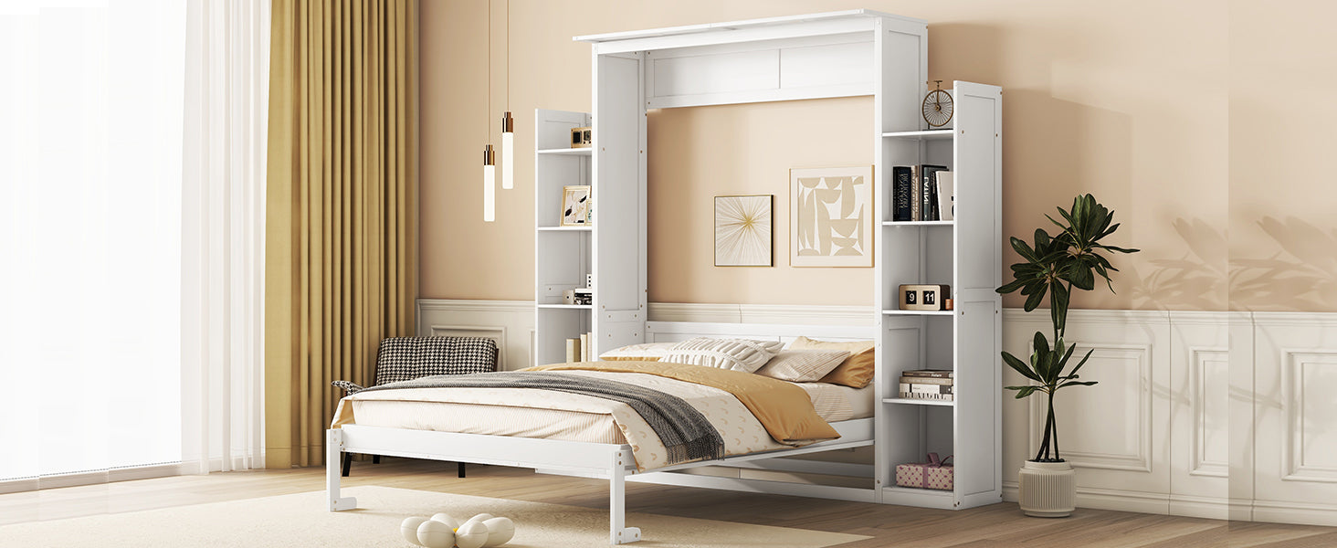 Queen Size Murphy Bed Wall Bed With Shelves And Led Lights,White White Solid Wood Mdf