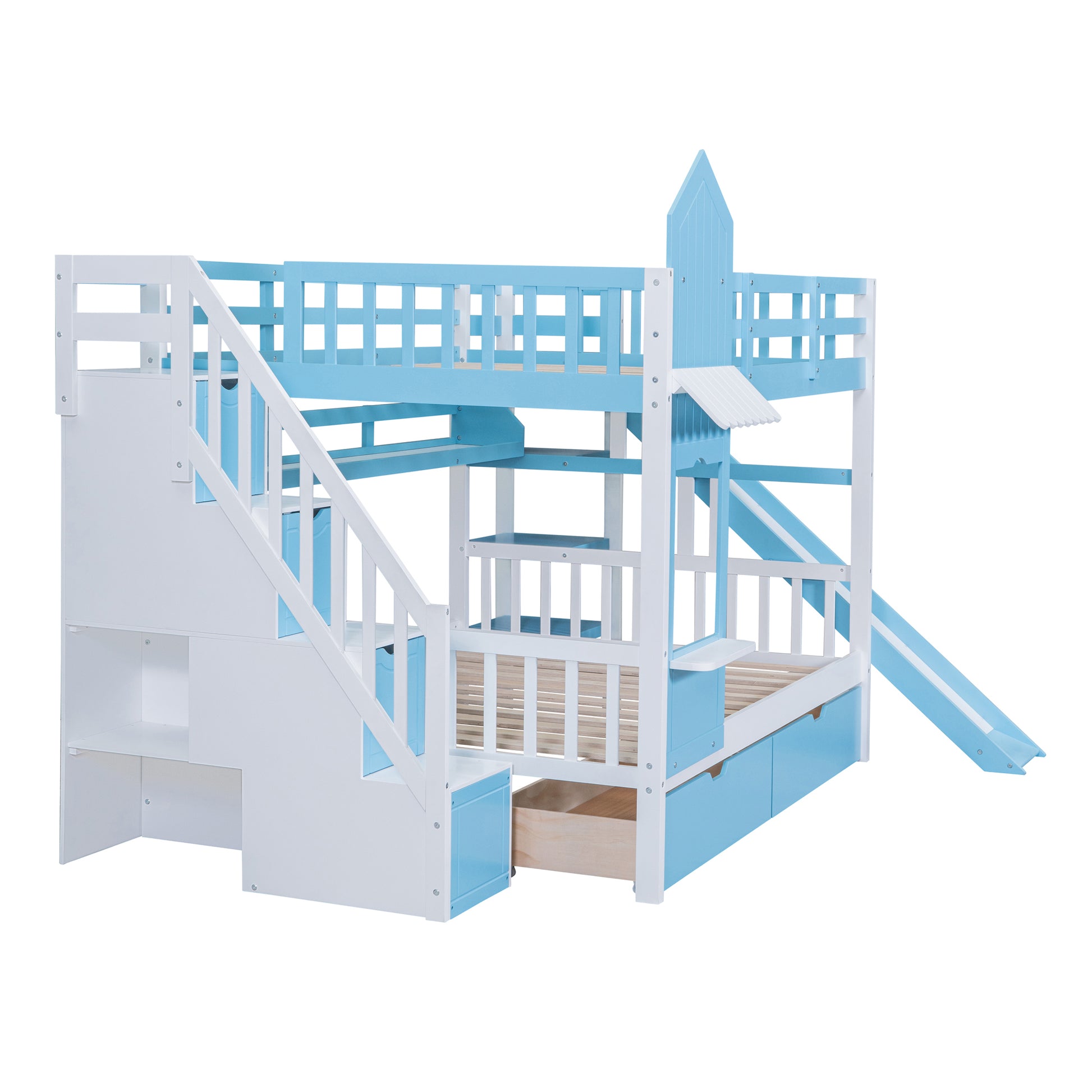 Full Over Full Castle Style Bunk Bed With 2 Drawers 3 Shelves And Slide Blue Blue Solid Wood