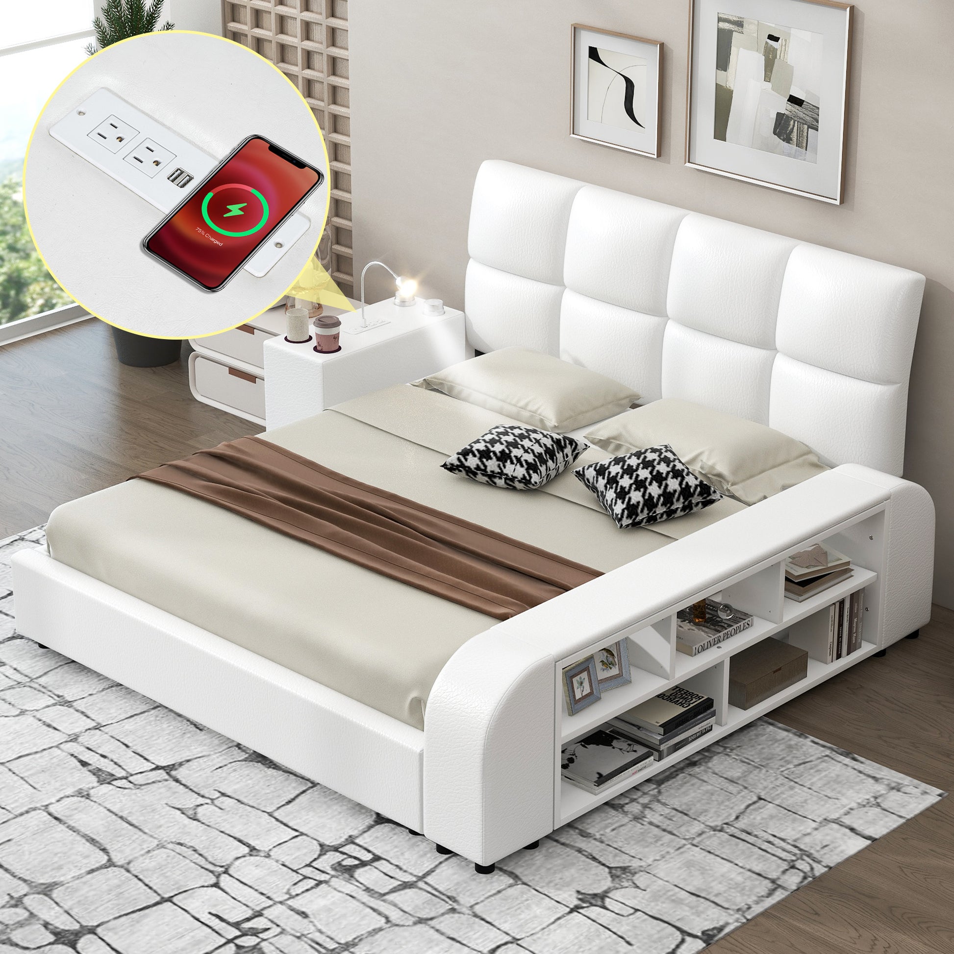 Queen Size Upholstered Platform Bed With Multimedia Nightstand And Storage Shelves, White Box Spring Not Required Queen White Wood Bedroom Bed Frame Faux Leather Upholstered