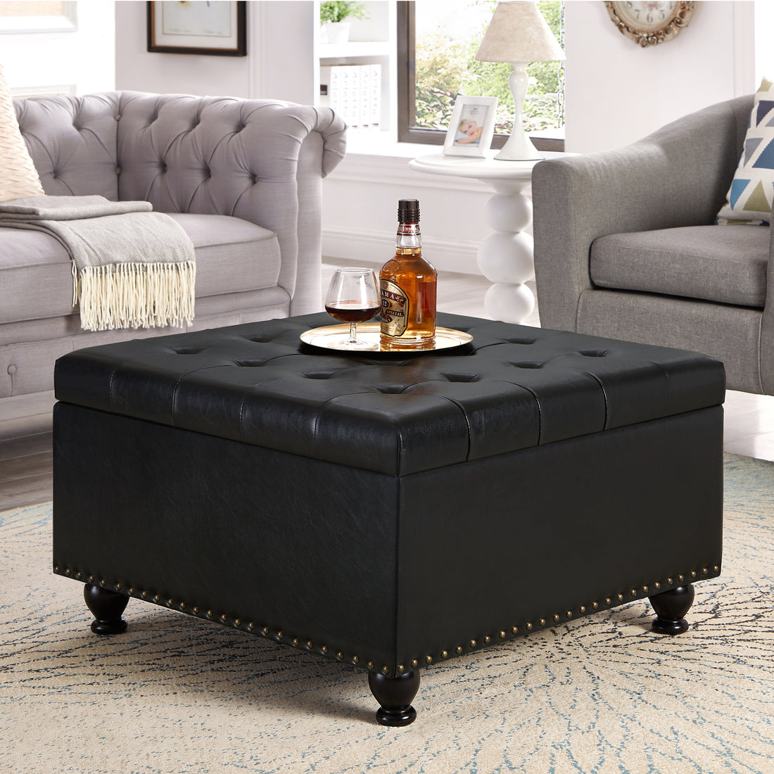 Large Square Storage Ottoman With Wooden Legs, Upholstered Button Tufted Coffee Table With Nail Trims For Living Space, Black Espresso Wood Primary Living Space Black Solid Rubberwood Wood With Storage Black Pu Faux Leather Faux Leather Backless Medium