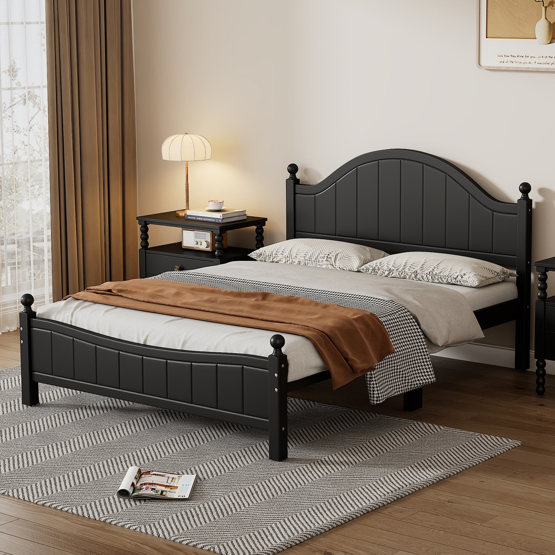 Traditional Concise Style Black Solid Wood Platform Bed, No Need Box Spring, Queen Black Wood