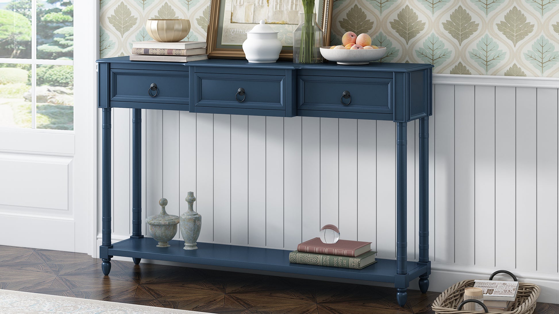 Console Table Sofa Table With Drawers For Entryway With Projecting Drawers And Long Shelf Antique Navy, Old Sku: Wf189574Aam Antique Navy Solid Wood Mdf