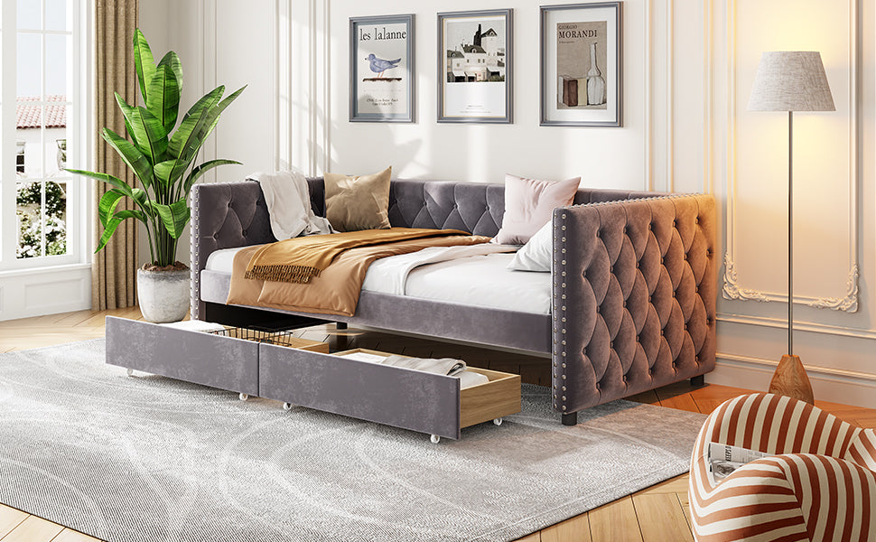 Sofa Bed With Drawers, Modern Velvet Upholstered Sofa Bed With Button Tufted Sofa Bed Frame With Double Drawers, Bedroom Living Room Furniture, Grey 83.47''X42.91''X30.71''' Box Spring Required Twin Gray Wood Bedroom American Traditional Eucalyptus Bed