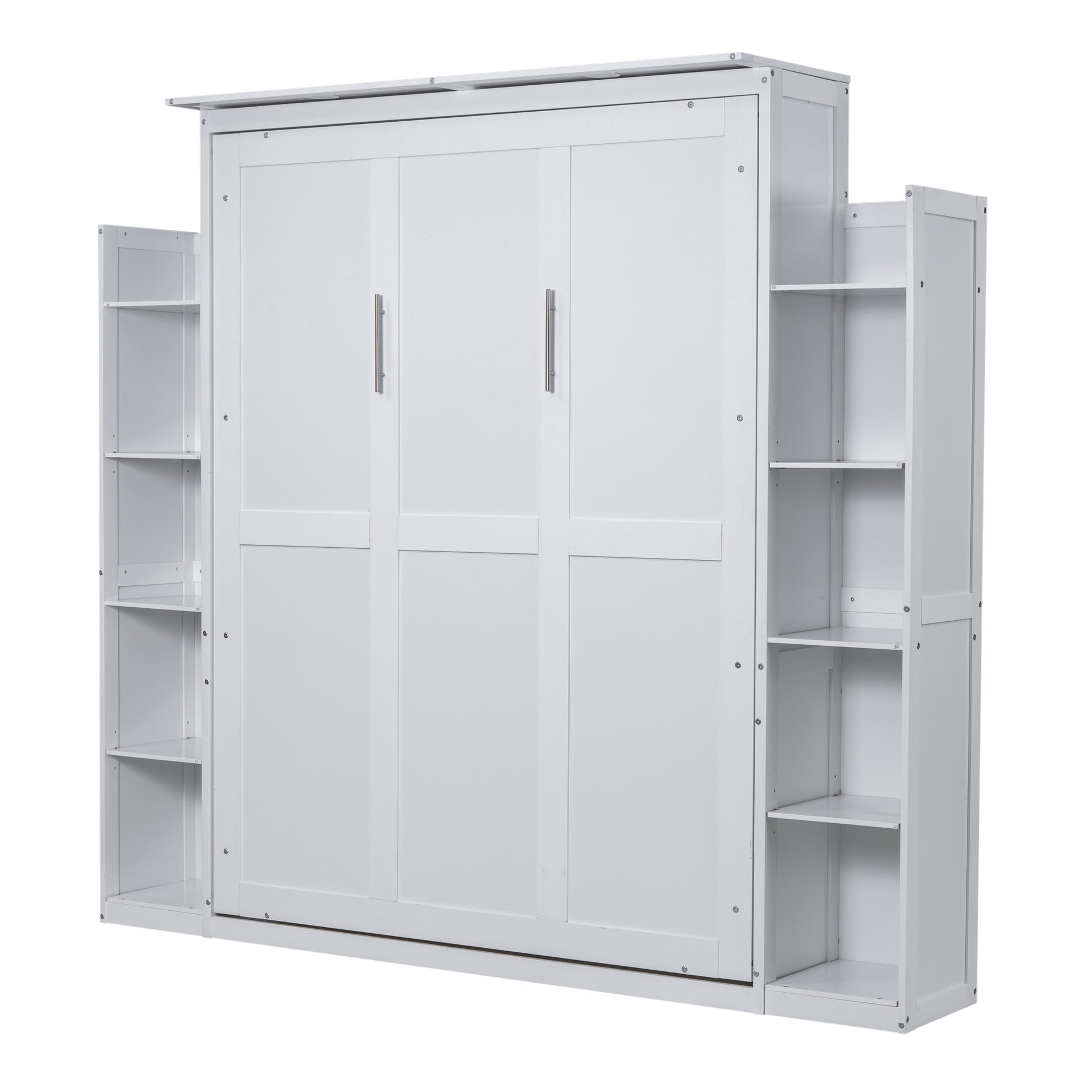 Queen Size Murphy Bed Wall Bed With Shelves And Led Lights,White White Solid Wood Mdf