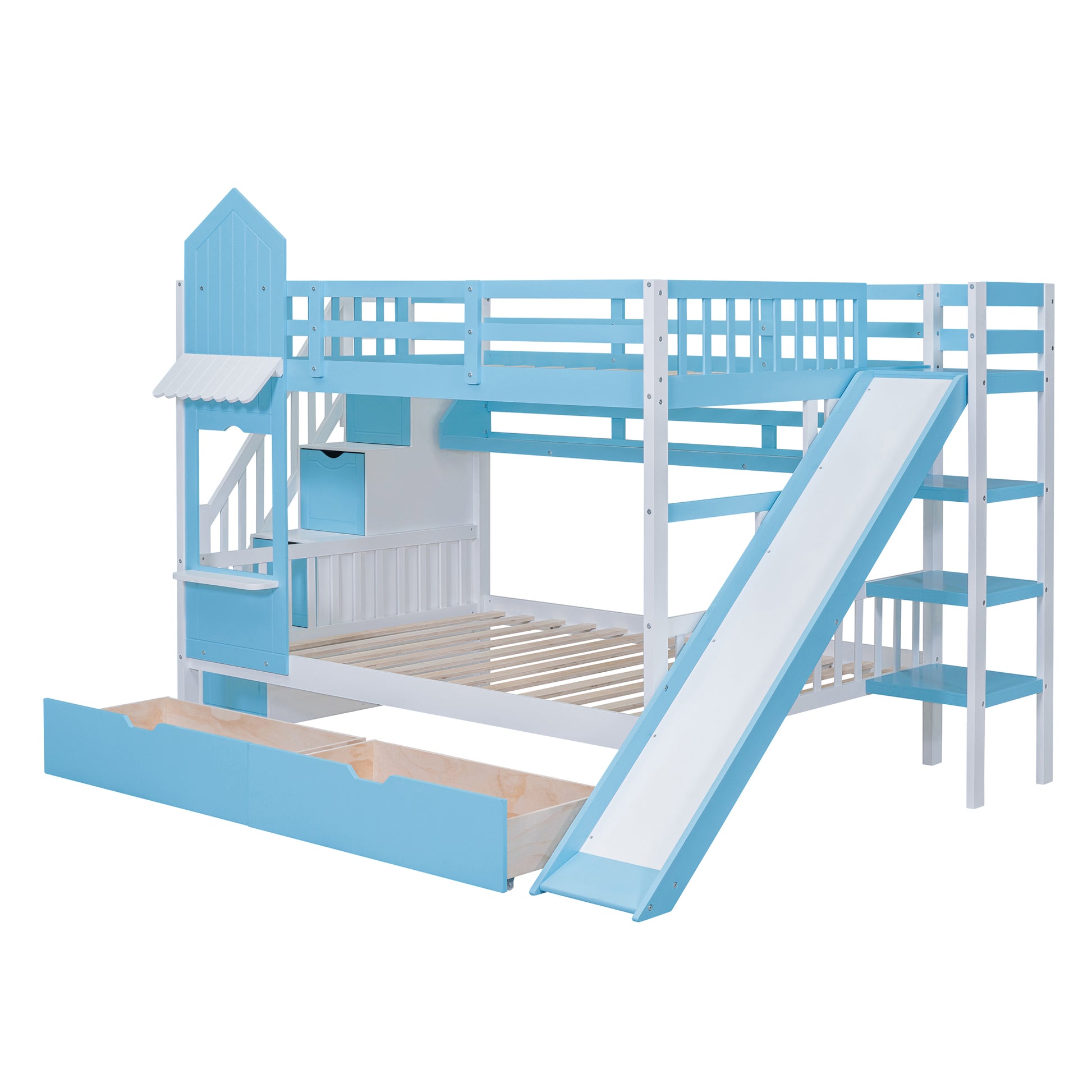 Full Over Full Castle Style Bunk Bed With 2 Drawers 3 Shelves And Slide Blue Blue Solid Wood