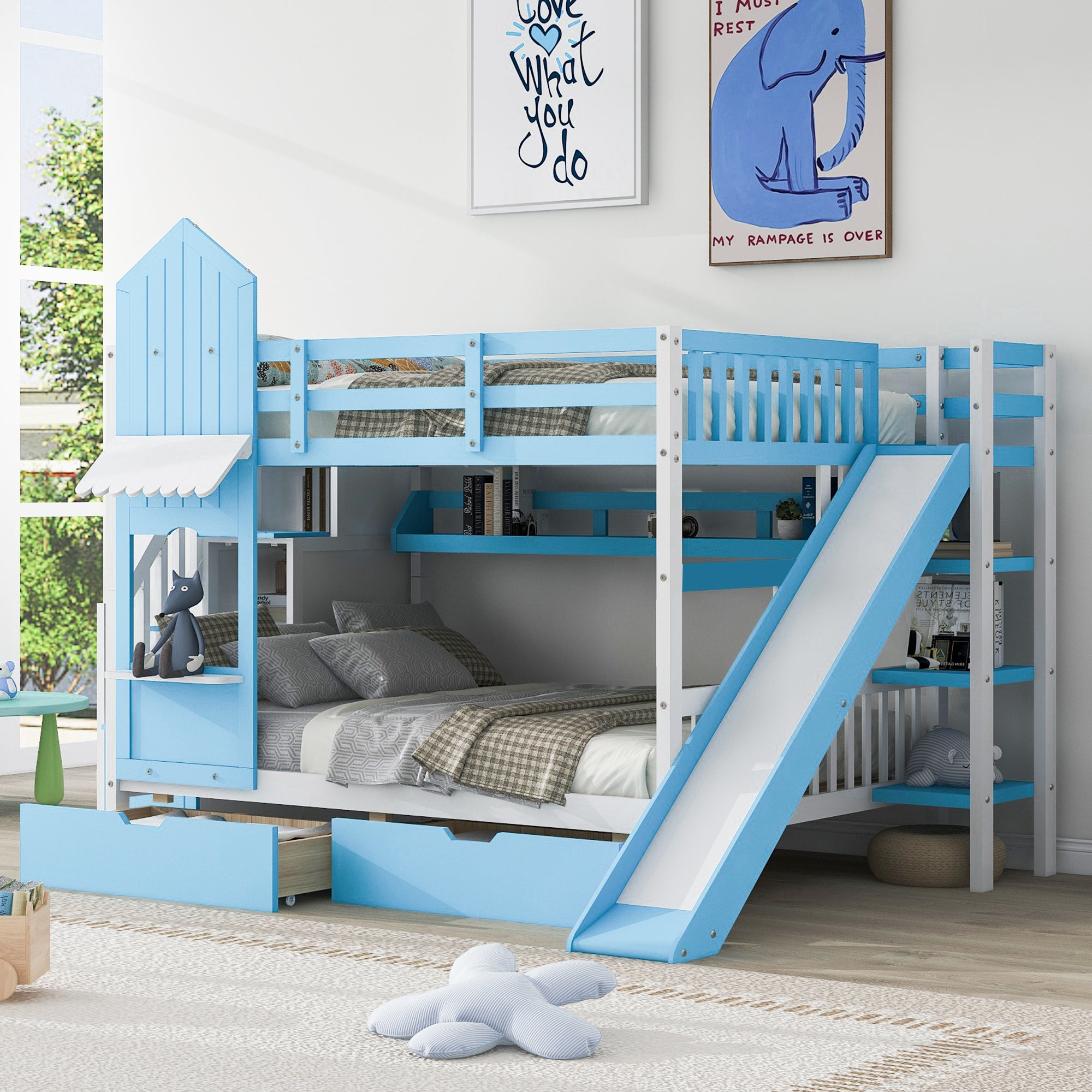 Full Over Full Castle Style Bunk Bed With 2 Drawers 3 Shelves And Slide Blue Blue Solid Wood