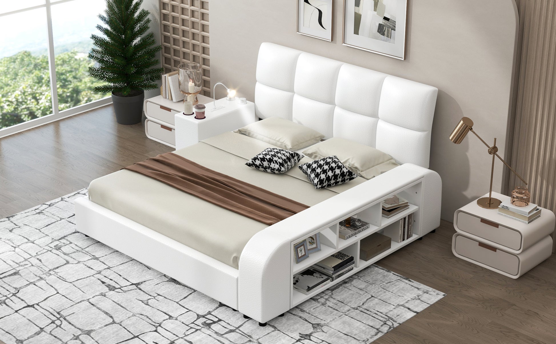 Queen Size Upholstered Platform Bed With Multimedia Nightstand And Storage Shelves, White Box Spring Not Required Queen White Wood Bedroom Bed Frame Faux Leather Upholstered