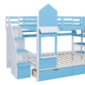 Full Over Full Castle Style Bunk Bed With 2 Drawers 3 Shelves And Slide Blue Blue Solid Wood