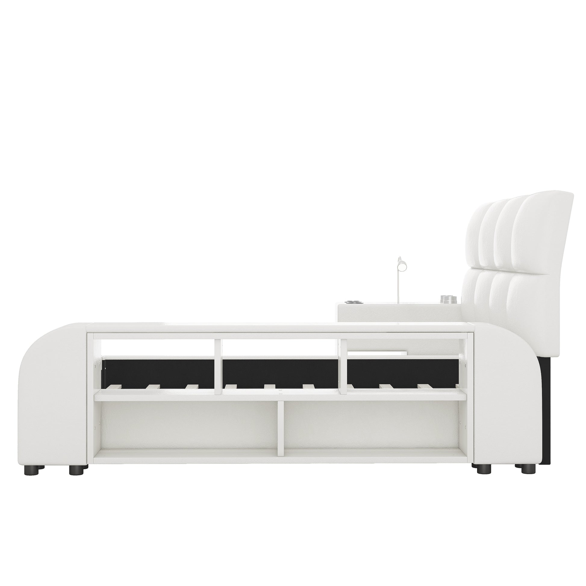 Queen Size Upholstered Platform Bed With Multimedia Nightstand And Storage Shelves, White Box Spring Not Required Queen White Wood Bedroom Bed Frame Faux Leather Upholstered