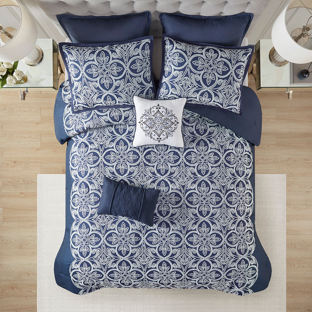 7 Piece Flocking Comforter Set With Euro Shams And Throw Pillows Navy Polyester