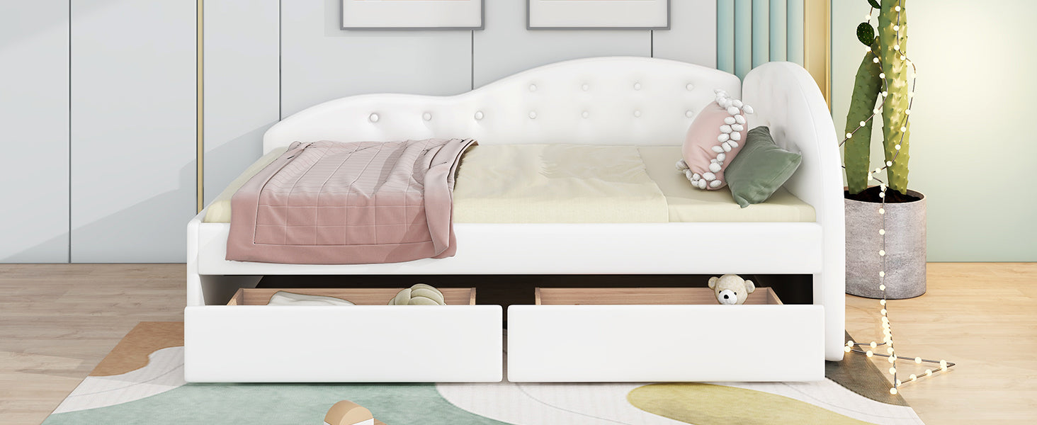 Twin Size Pu Upholstered Tufted Daybed With Two Drawers And Cloud Shaped Guardrail, White Box Spring Not Required Twin White Wood Daybeds Faux Leather Upholstered
