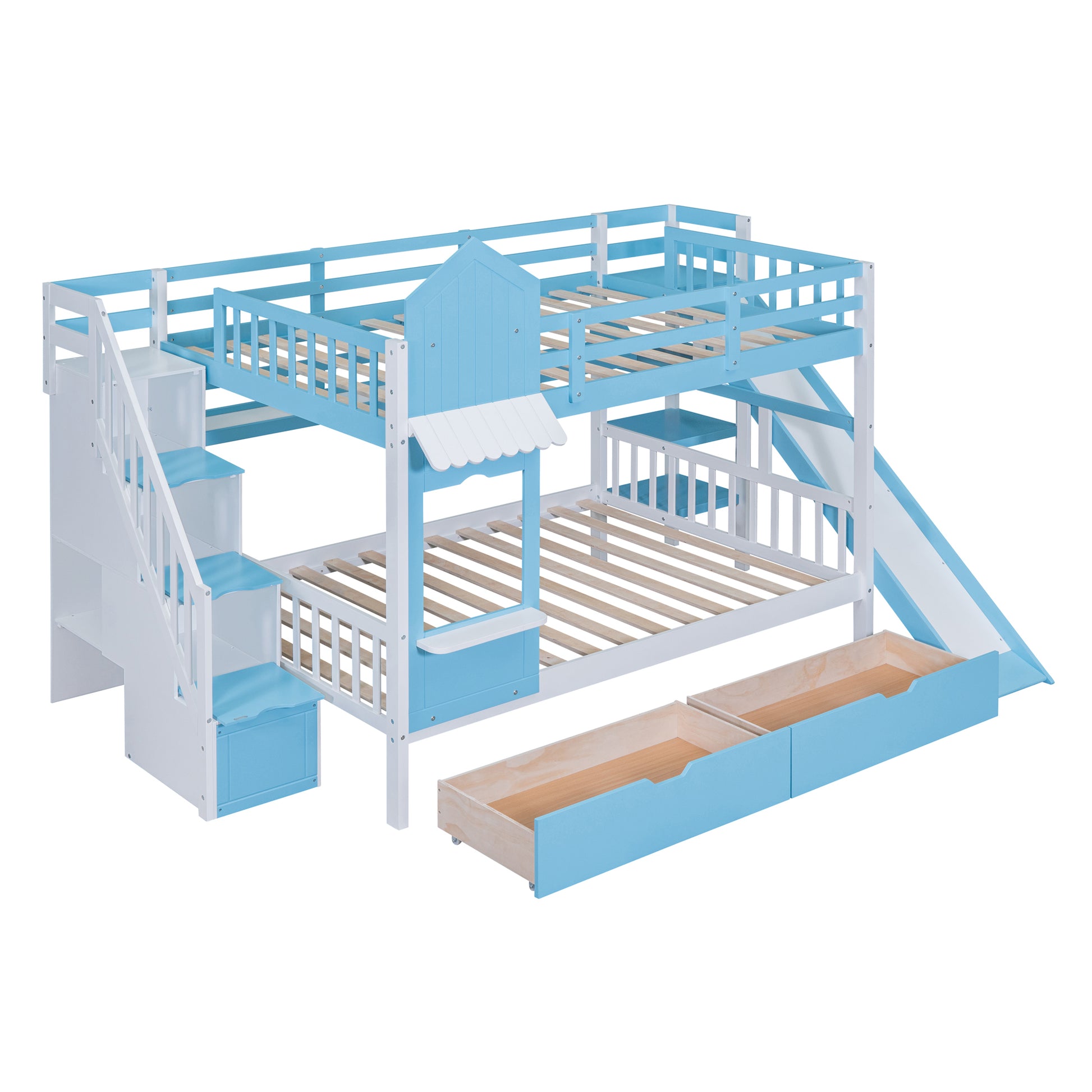 Full Over Full Castle Style Bunk Bed With 2 Drawers 3 Shelves And Slide Blue Blue Solid Wood