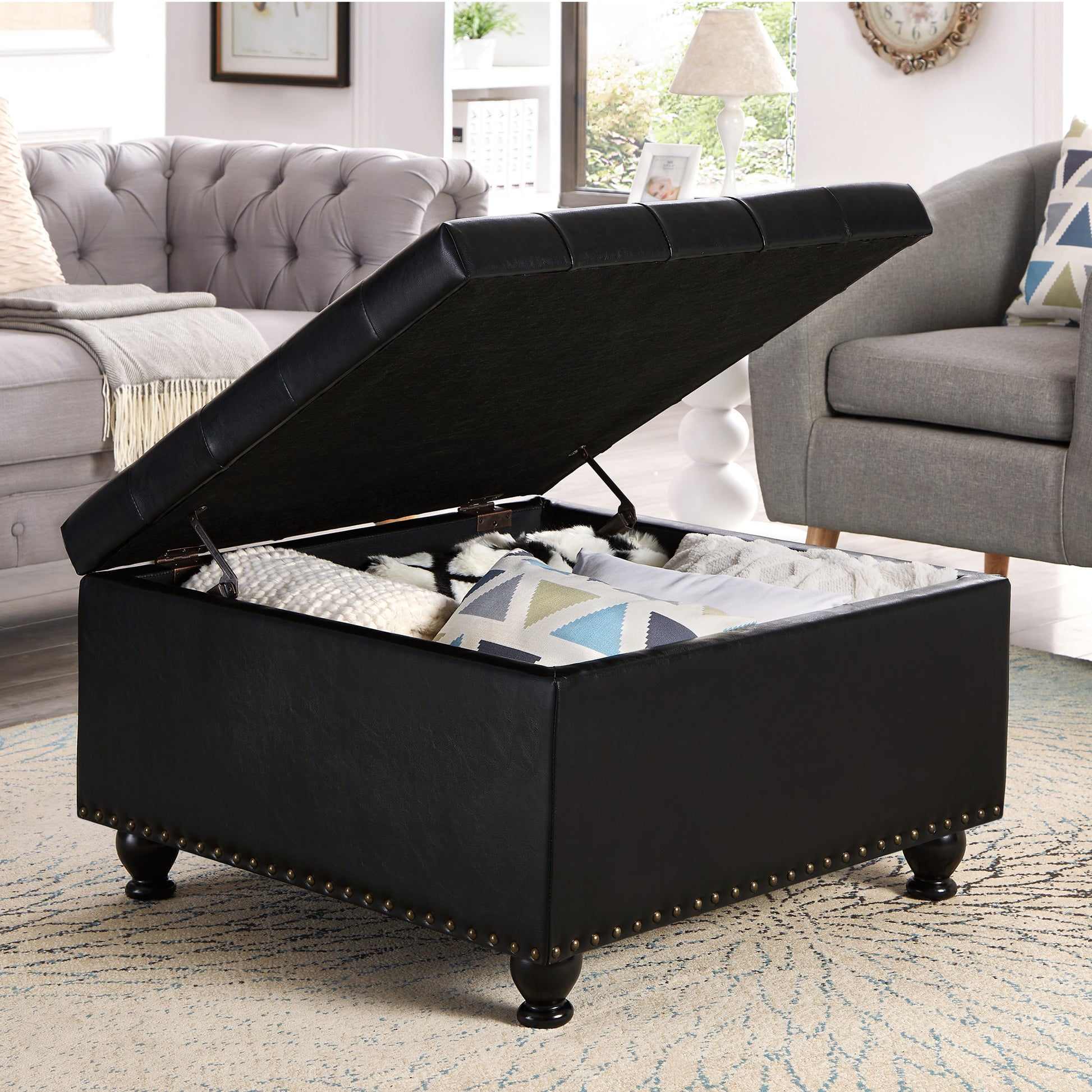 Large Square Storage Ottoman With Wooden Legs, Upholstered Button Tufted Coffee Table With Nail Trims For Living Space, Black Espresso Wood Primary Living Space Black Solid Rubberwood Wood With Storage Black Pu Faux Leather Faux Leather Backless Medium