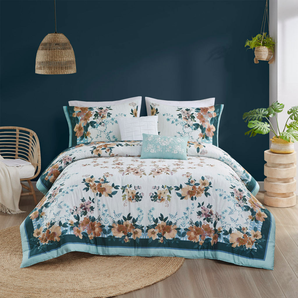 5 Piece Cotton Floral Comforter Set With Throw Pillows Teal Cotton