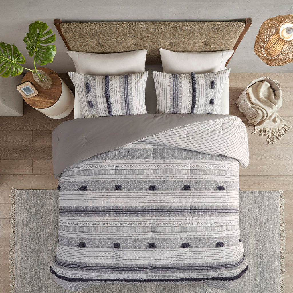 3 Piece Cotton Comforter Set Gray Navy Cotton