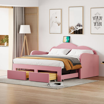 Twin Size Upholstered Daybed With Cloud Shaped Backrest, Trundle & 2 Drawers And Usb Ports, Pink Pink Velvet