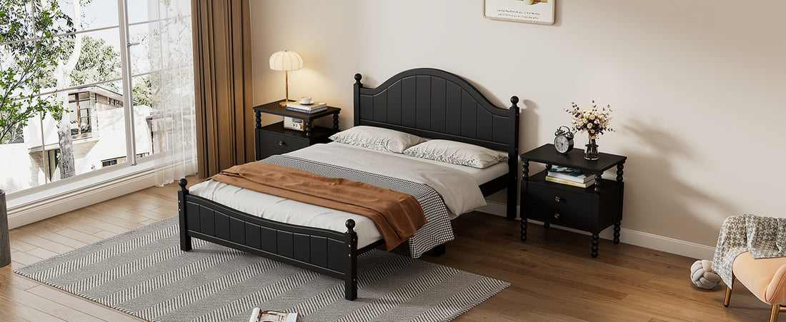 Traditional Concise Style Black Solid Wood Platform Bed, No Need Box Spring, Full Black Wood