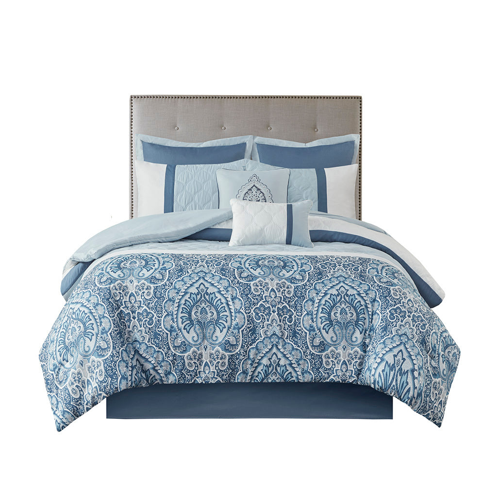 8 Piece Comforter Set Blue Polyester