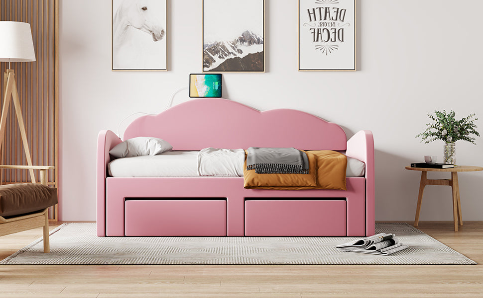 Twin Size Upholstered Daybed With Cloud Shaped Backrest, Trundle & 2 Drawers And Usb Ports, Pink Pink Velvet