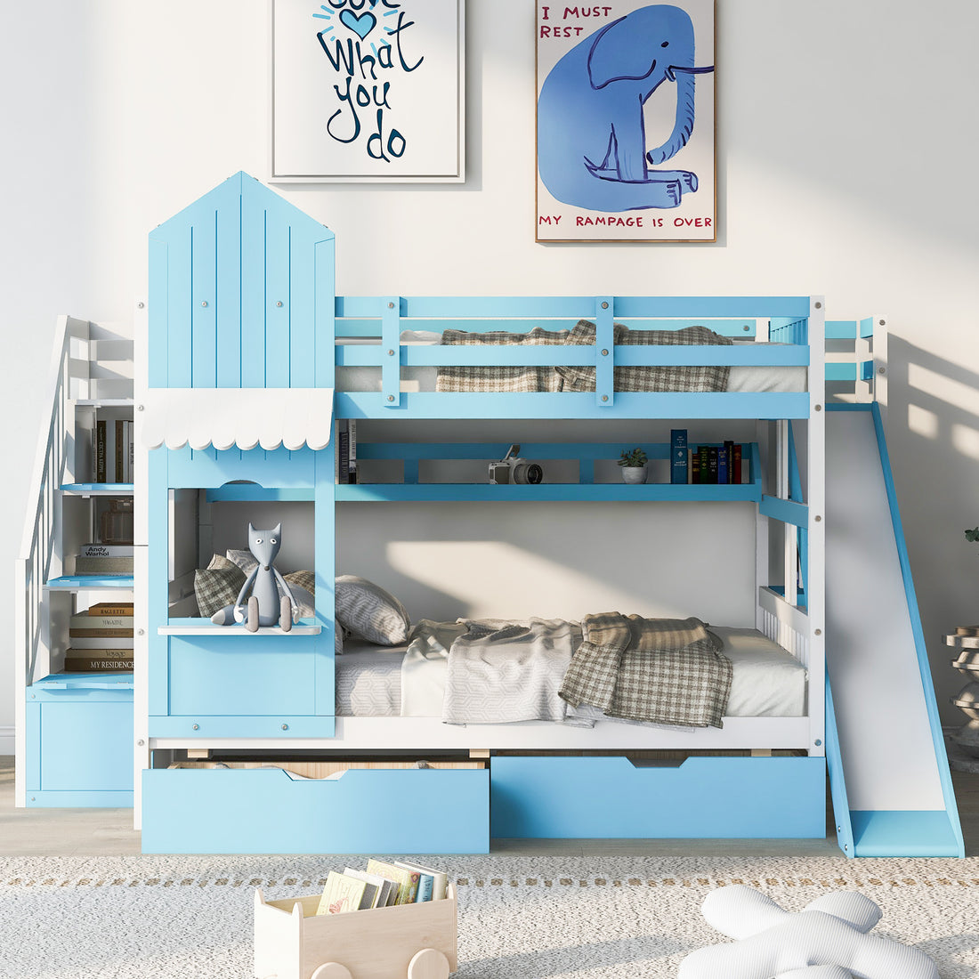 Full Over Full Castle Style Bunk Bed With 2 Drawers 3 Shelves And Slide Blue Blue Solid Wood