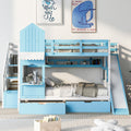 Full Over Full Castle Style Bunk Bed With 2 Drawers 3 Shelves And Slide Blue Blue Solid Wood