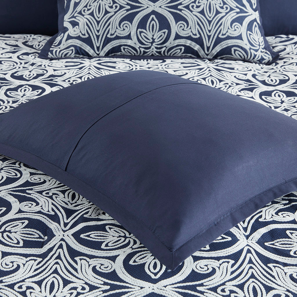 7 Piece Flocking Comforter Set With Euro Shams And Throw Pillows Navy Polyester