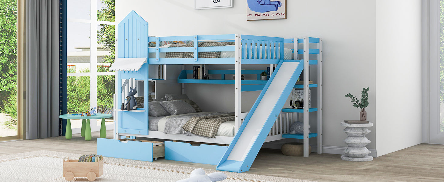 Full Over Full Castle Style Bunk Bed With 2 Drawers 3 Shelves And Slide Blue Blue Solid Wood