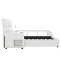 Queen Size Upholstered Platform Bed With Multimedia Nightstand And Storage Shelves, White Box Spring Not Required Queen White Wood Bedroom Bed Frame Faux Leather Upholstered